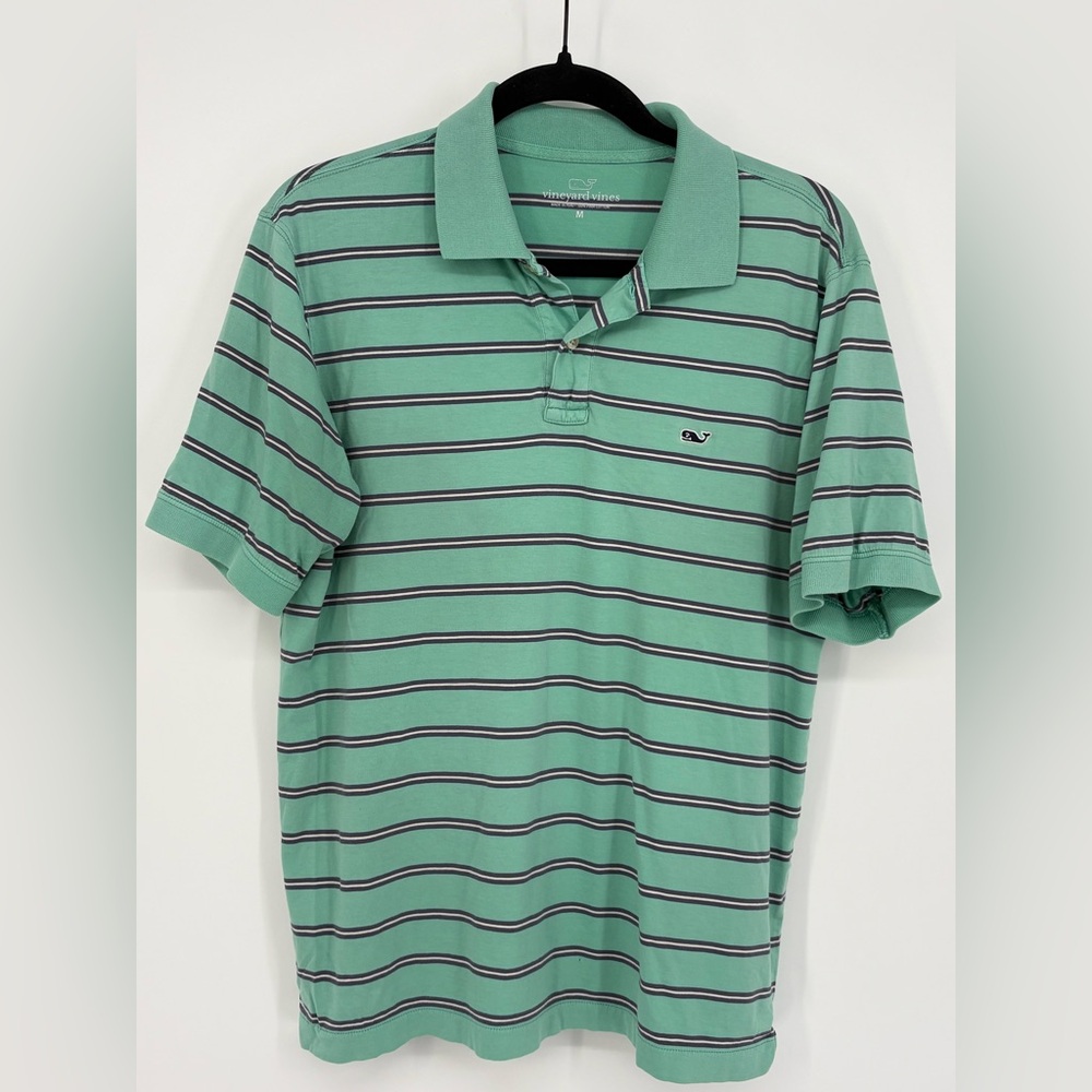 VINEYARD VINES Polo Shirt Mint Green with Navy & White Stripes Mens Medium